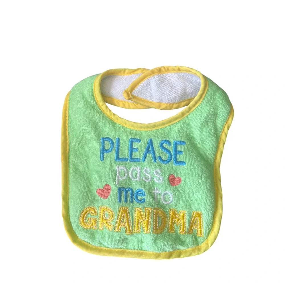 Baby Bib Please Pass Me To Grandma Green Yellow Embroidered Hearts